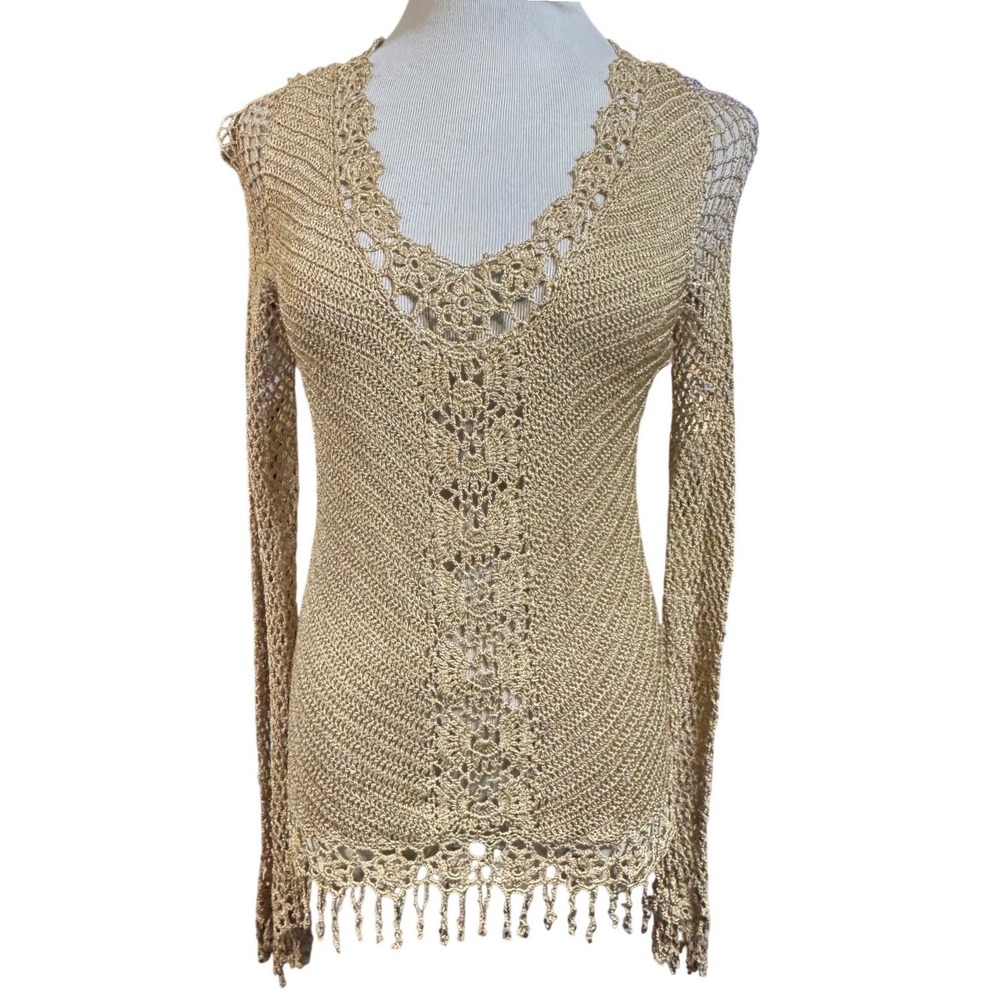 Cristina Crochet Sweater Womens Medium Gold Metallic Fringe Boho V-Neck Top